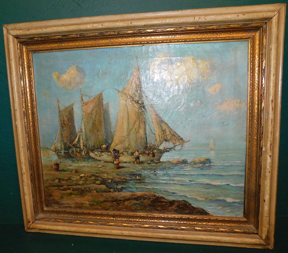 Antique Oil on Canvas of Ship Scene Signed (1 of 6)