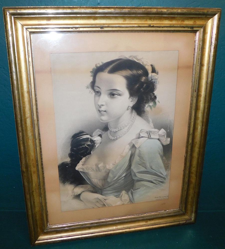 Framed Hand Colored French Engraving of Lady with Dog (1 of 4)