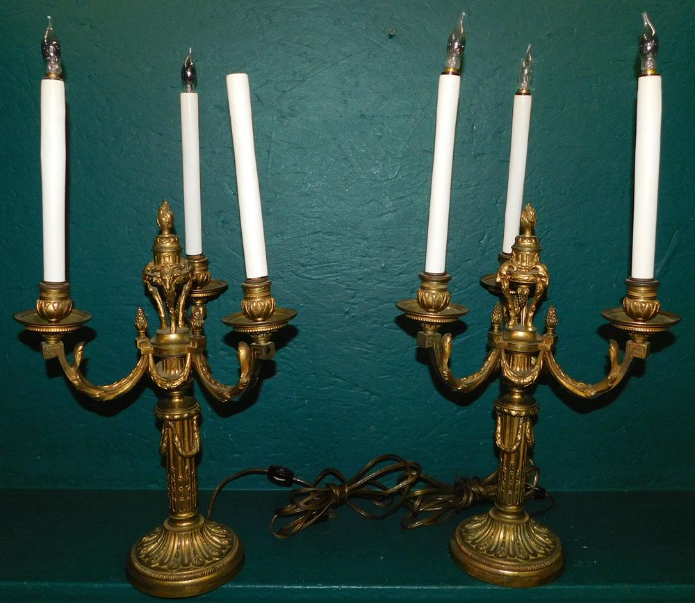 Pair of Antique Dore Bronze 3 Light Candelabra Lamps (1 of 4)