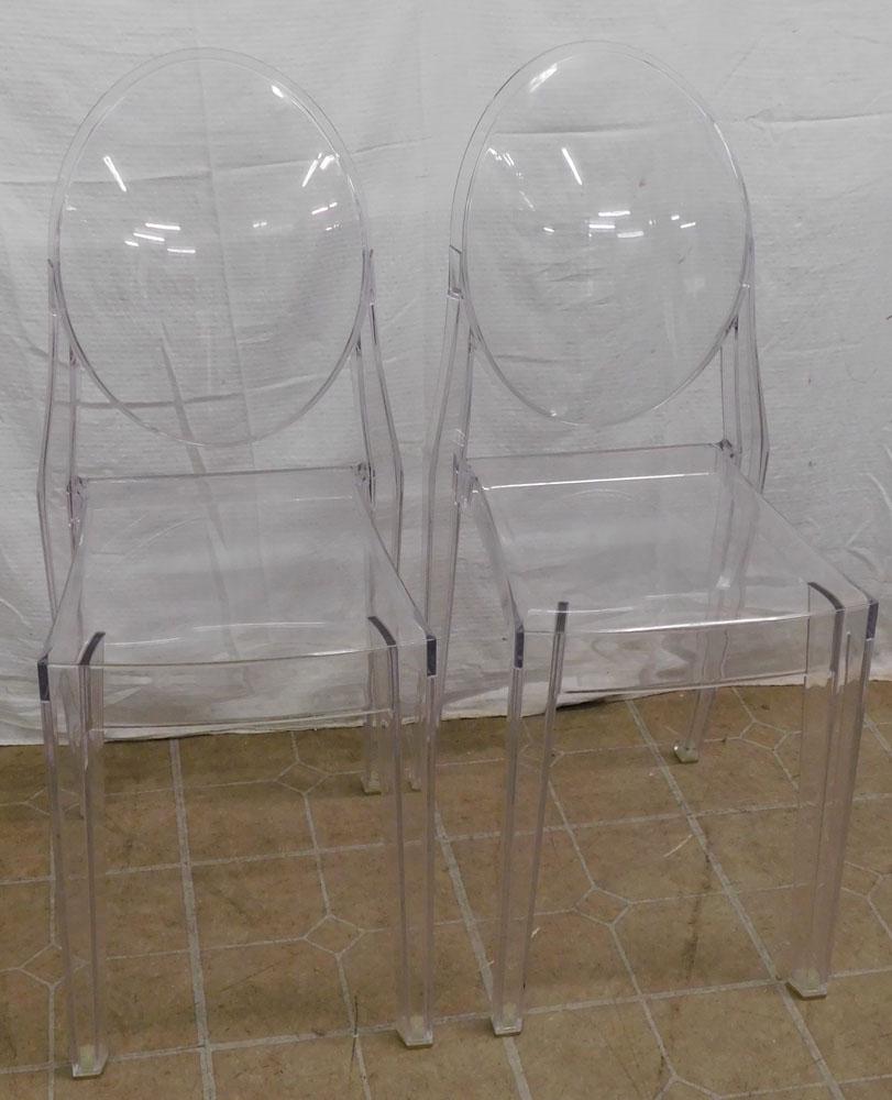 Pair of Modern Clear Victoria Ghost Design Side Chairs by Kartell: Pair of Modern Clear Victoria Ghost Design Side Chairs by Kartell. 35 1/2" H ALL DESCRIPTIONS AND ANY CONDITION STATEMENT GIVEN BY LANGSTON AUCTION GALLERY ARE STRICTLY AN OPINION AND LANGSTON'S SHALL