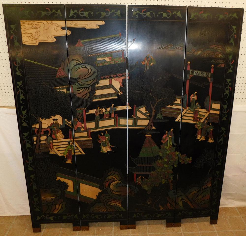 4 Panel Black Lacquered Oriental Room Divider (1 of 7)