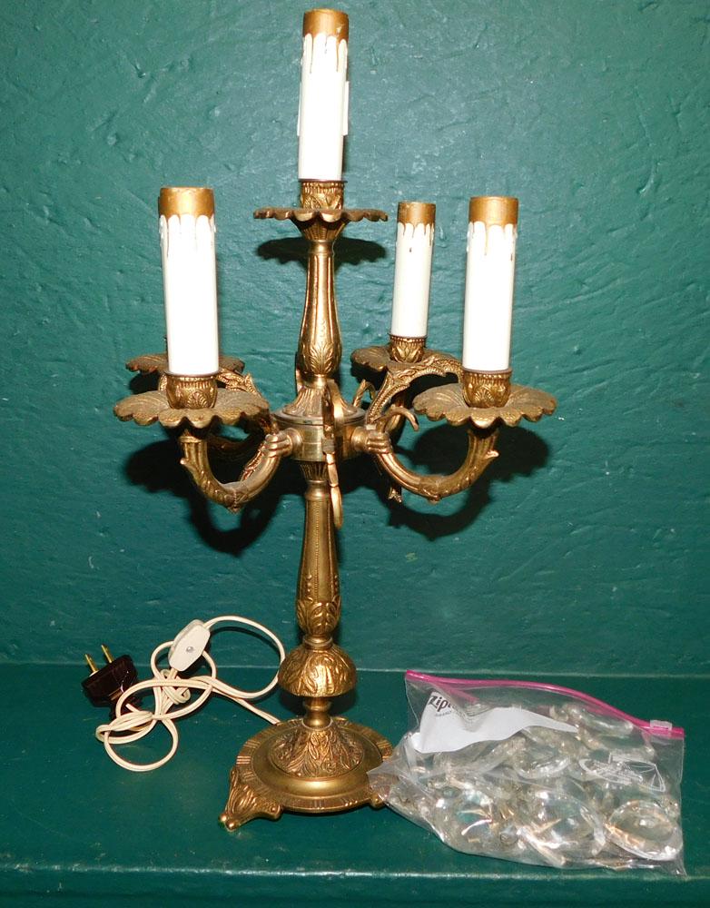 Dore Bronze 5 Light Candelabra Lamp with Glass Prisms: Dore Bronze 5 Light Candelabra Lamp with Glass Prisms. 17 1/4" H ALL DESCRIPTIONS AND ANY CONDITION STATEMENT GIVEN BY LANGSTON AUCTION GALLERY ARE STRICTLY AN OPINION AND LANGSTON'S SHALL HAVE NO RES