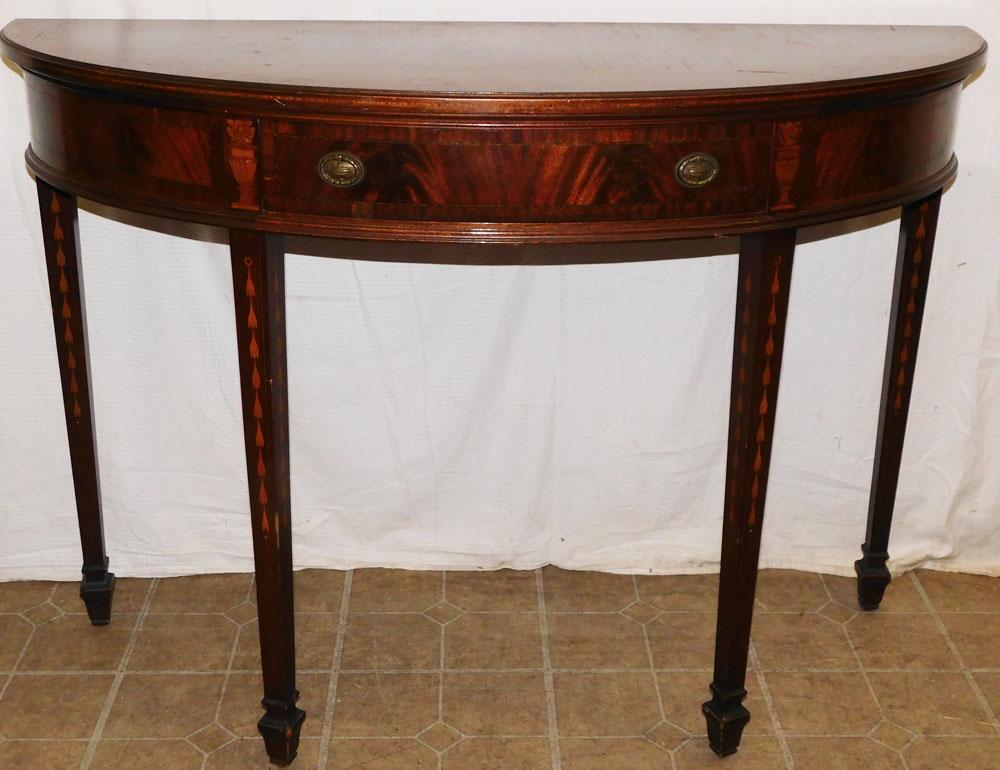 Mahogany Inlaid Demi-Lume 1 Drawer Console: Mahogany Inlaid Demi-Lume 1 Drawer Console . 50" L 19" D 35 1/4" H ALL DESCRIPTIONS AND ANY CONDITION STATEMENT GIVEN BY LANGSTON AUCTION GALLERY ARE STRICTLY AN OPINION AND LANGSTON'S SHALL HAVE NO R