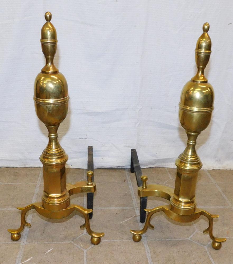Pair of Brass Andirons: Pair of Brass Andirons. 21 1/4" H ALL DESCRIPTIONS AND ANY CONDITION STATEMENT GIVEN BY LANGSTON AUCTION GALLERY ARE STRICTLY AN OPINION AND LANGSTON'S SHALL HAVE NO RESPONSIBILITY FOR ERRORS OR OMISS