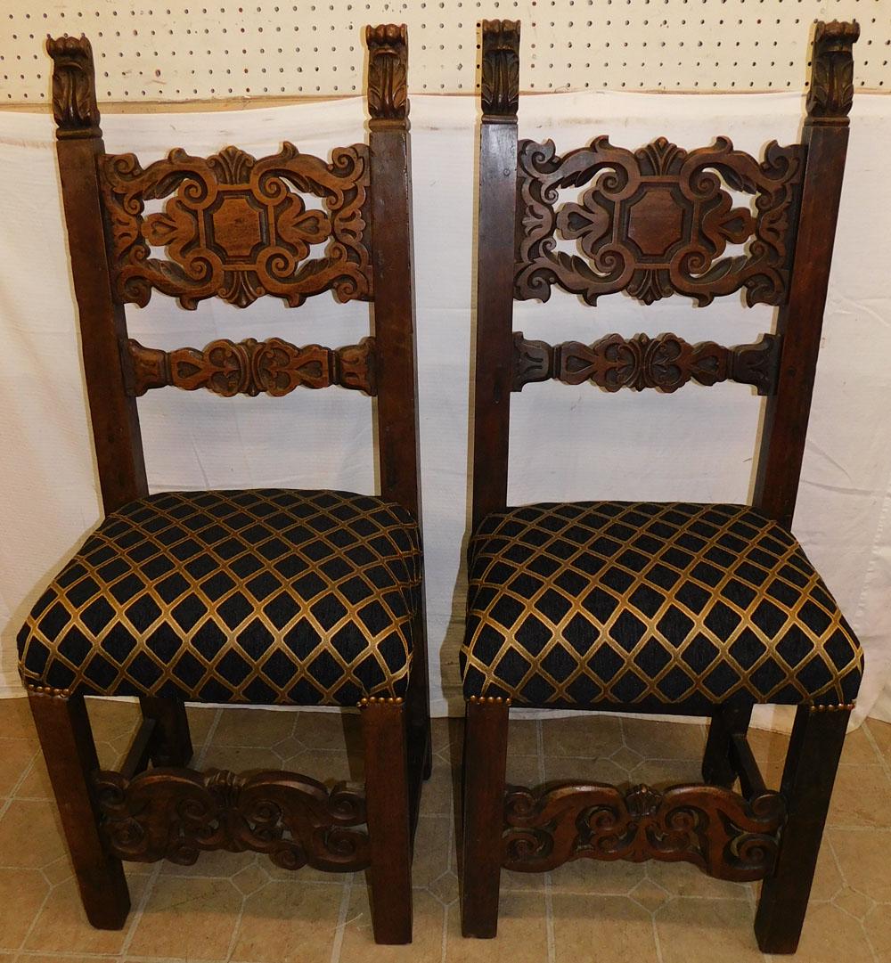 Pair of 19th C Carved Walnut Pegged Italian Side Chairs (1 of 6)
