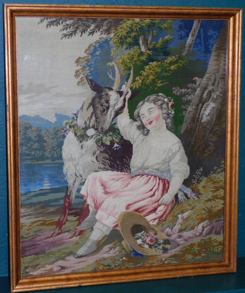 Antique Framed Needlework of Young Girl with Ram Country Scene (1 of 5)