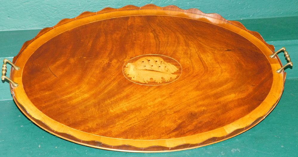 Large Antique Mahogany Hepplewhite Scalloped Edge Shell Inlaid Brass Handle Tray (1 of 7)