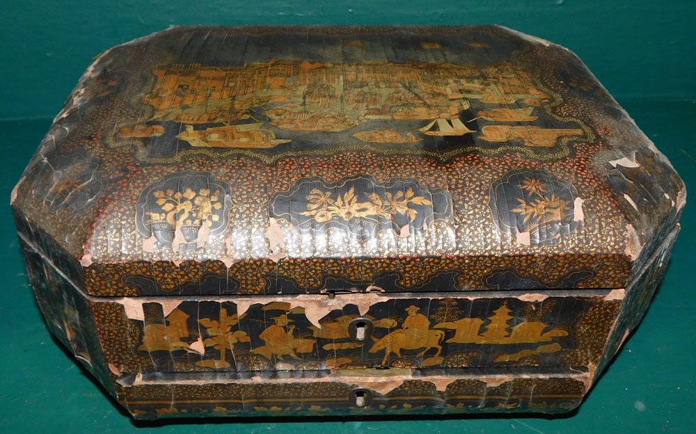 Antique Black Lacquered & Paint Decorated Work Box, (Needs Restoration) (1 of 7)