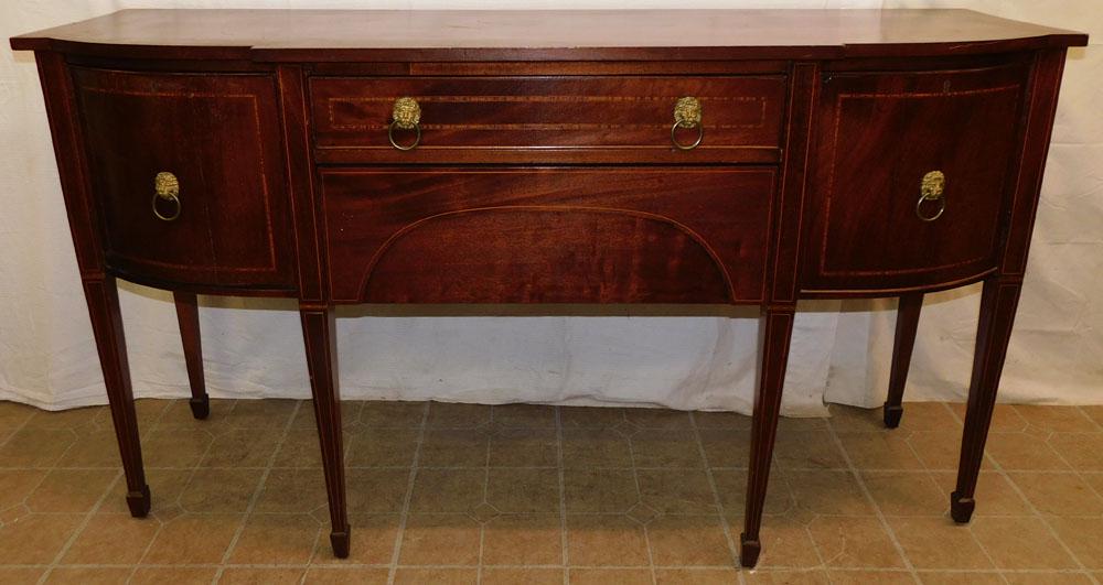 19th C Mahogany Inlaid Sideboard: 19th C Mahogany Inlaid Sideboard . 65 1/2" W 22" D 36" H ALL DESCRIPTIONS AND ANY CONDITION STATEMENT GIVEN BY LANGSTON AUCTION GALLERY ARE STRICTLY AN OPINION AND LANGSTON'S SHALL HAVE NO RESPONSIBIL