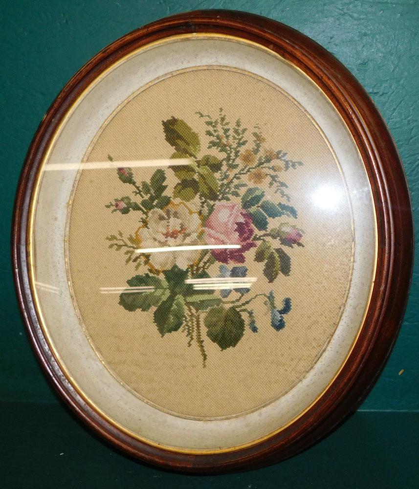 Oval Framed Walnut Victorian Shadowbox with Needlework (1 of 3)