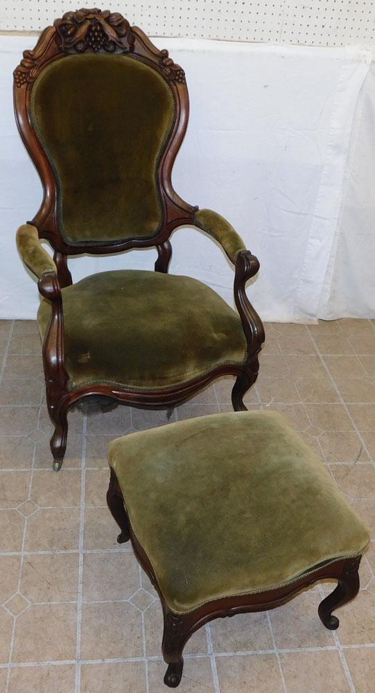 Carved Walnut Victorian Arm Chair & Ottoman (1 of 5)