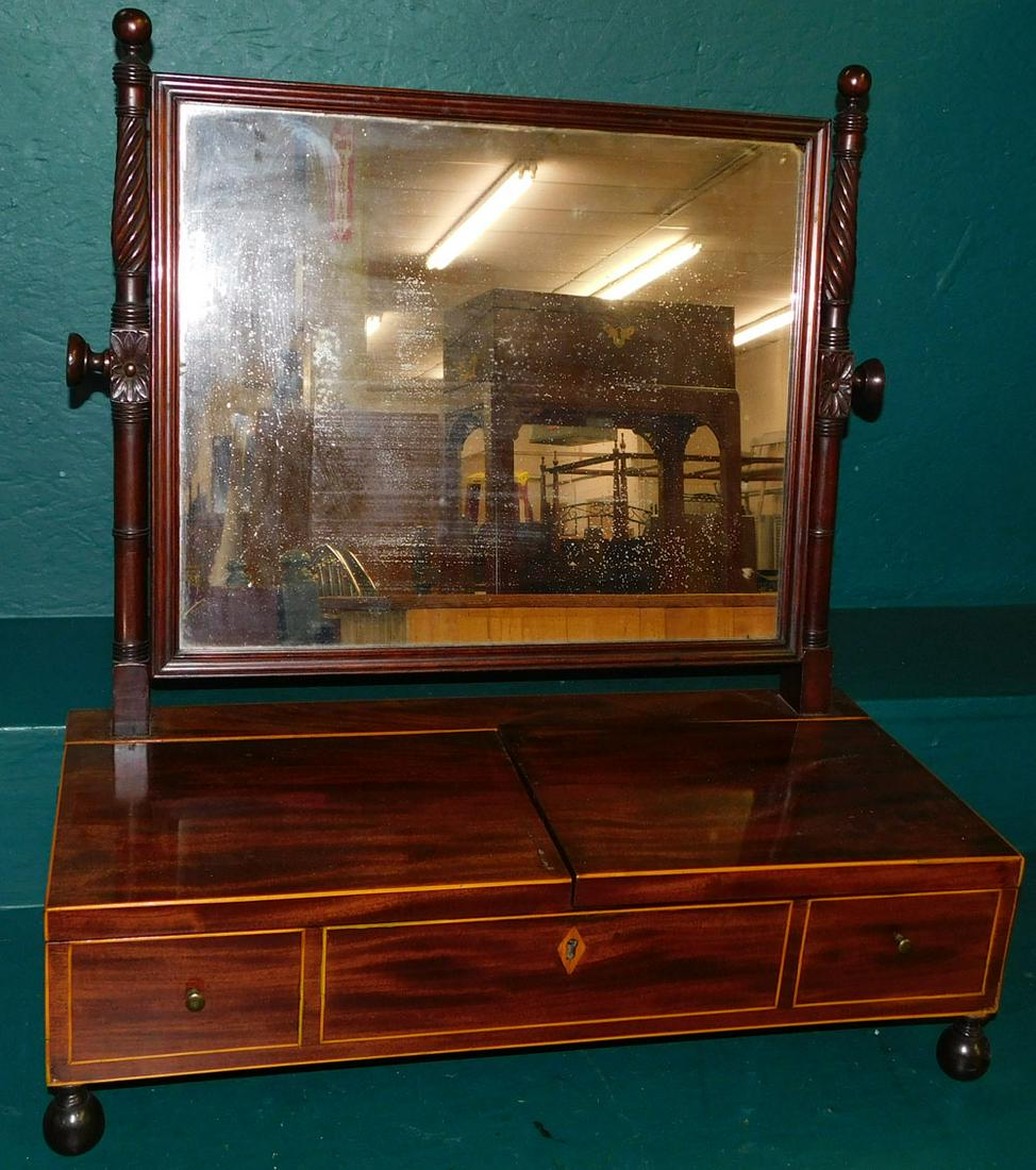 19th C Mahogany Inlaid Drssing Mirror with Fitted Interior: 19th C Mahogany Inlaid Drssing Mirror with Fitted Interior. 24 1/4" W 12" D 25 3/4" H ALL DESCRIPTIONS AND ANY CONDITION STATEMENT GIVEN BY LANGSTON AUCTION GALLERY ARE STRICTLY AN OPINION AND LANGSTO
