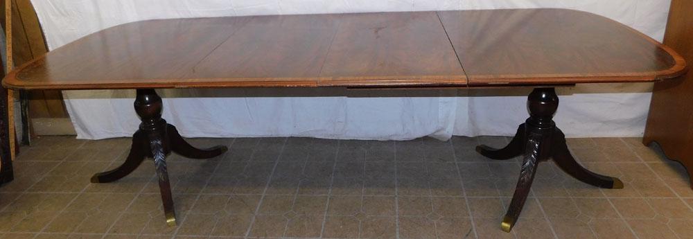Mahogany & Satinwood Banded Top 2 Pedestal Dining Table with 2 Leaves (1 of 4)