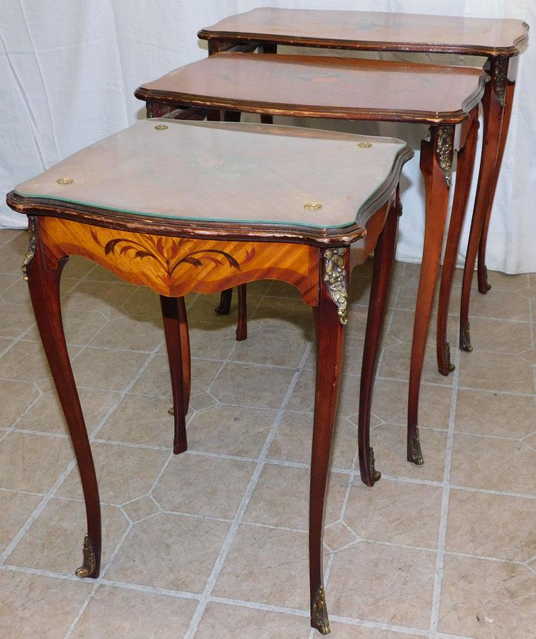 Set of 3 Mahogany Inlaid French Nesting Tables with Brass Ormolu (1 of 5)