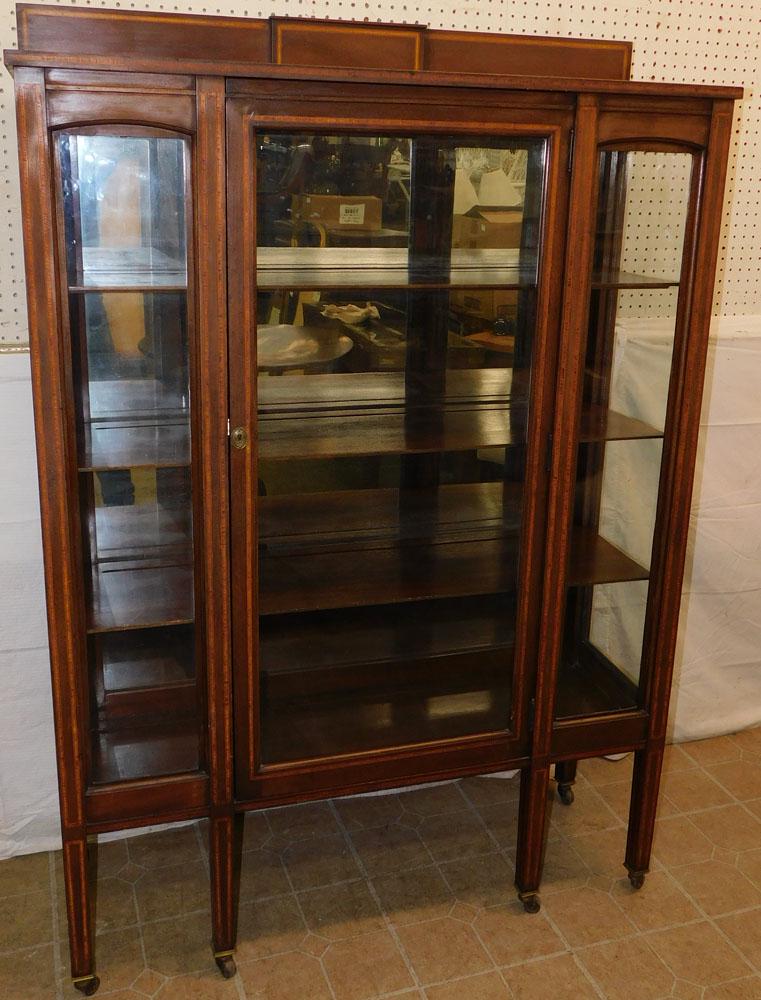 Antique Mahogany Inlaid Glass Door China Cabinet: Antique Mahogany Inlaid Glass Door China Cabinet . 45" W 15" D 65 1/4" H ALL DESCRIPTIONS AND ANY CONDITION STATEMENT GIVEN BY LANGSTON AUCTION GALLERY ARE STRICTLY AN OPINION AND LANGSTON'S SHALL HAV