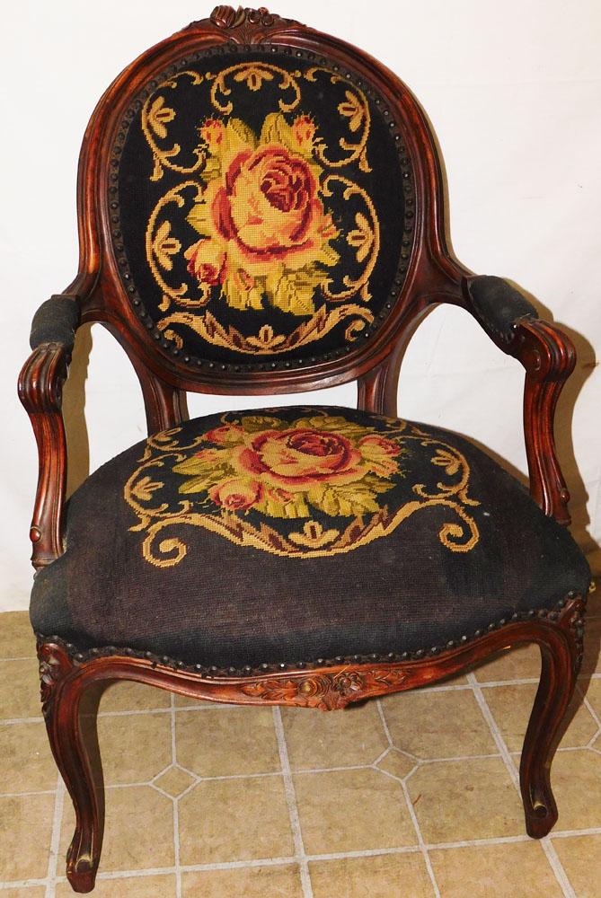 Carved Walnut Needlepoint Arm Chair (1 of 5)