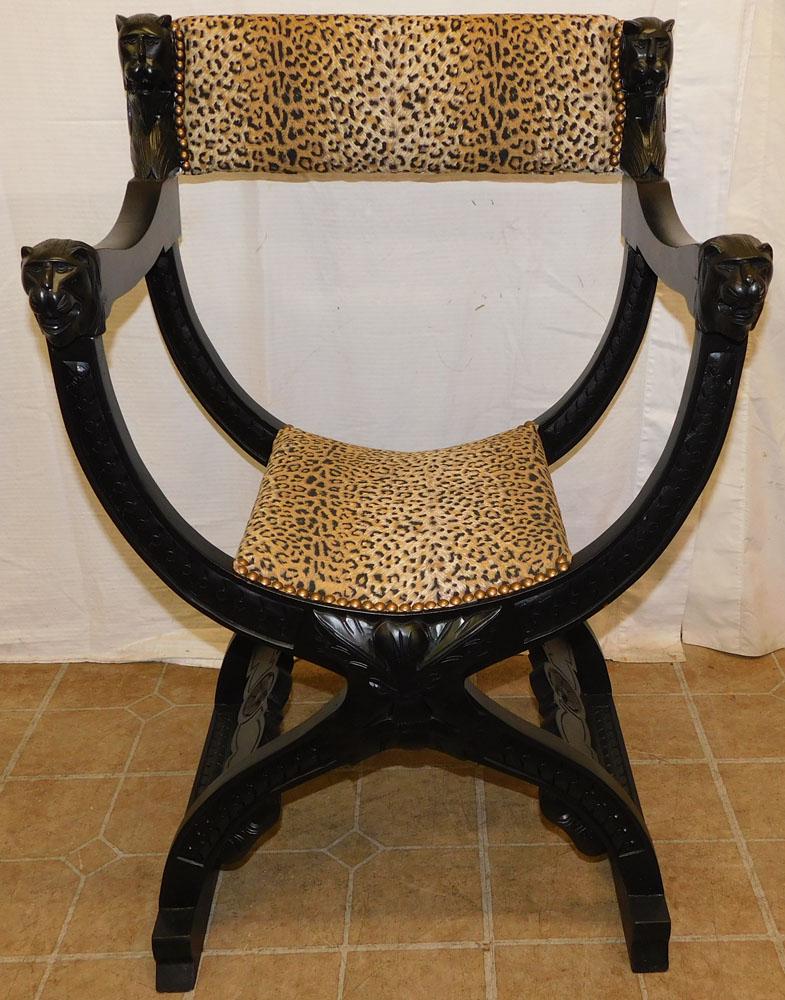 Carved Wood Black Lacquered Chair with Lions Heads (1 of 4)