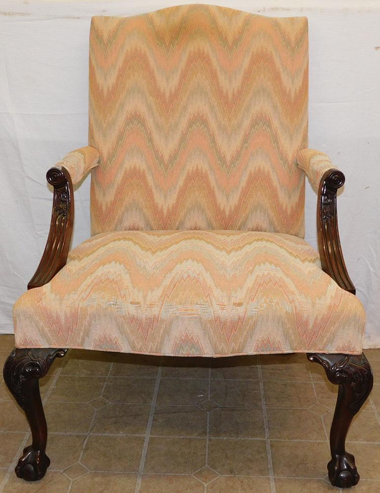 Carved Mahogany Chippendale Style Library Chair by Hickory Chair: Carved Mahogany Chippendale Style Library Chair by Hickory Chair. 40 1/2" H ALL DESCRIPTIONS AND ANY CONDITION STATEMENT GIVEN BY LANGSTON AUCTION GALLERY ARE STRICTLY AN OPINION AND LANGSTON'S SHALL