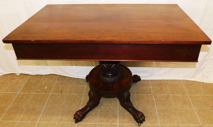 19th C Mahogany Center Table: 19th C Mahogany Center Table . 41" W 24 1/2" D 28 3/4" H ALL DESCRIPTIONS AND ANY CONDITION STATEMENT GIVEN BY LANGSTON AUCTION GALLERY ARE STRICTLY AN OPINION AND LANGSTON'S SHALL HAVE NO RESPONSIBIL