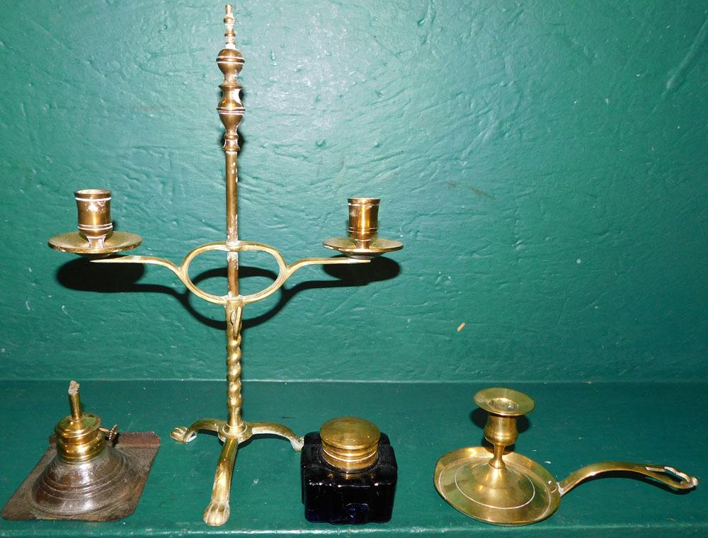 Lot of Brass Candlesticks & Inkwell (1 of 3)