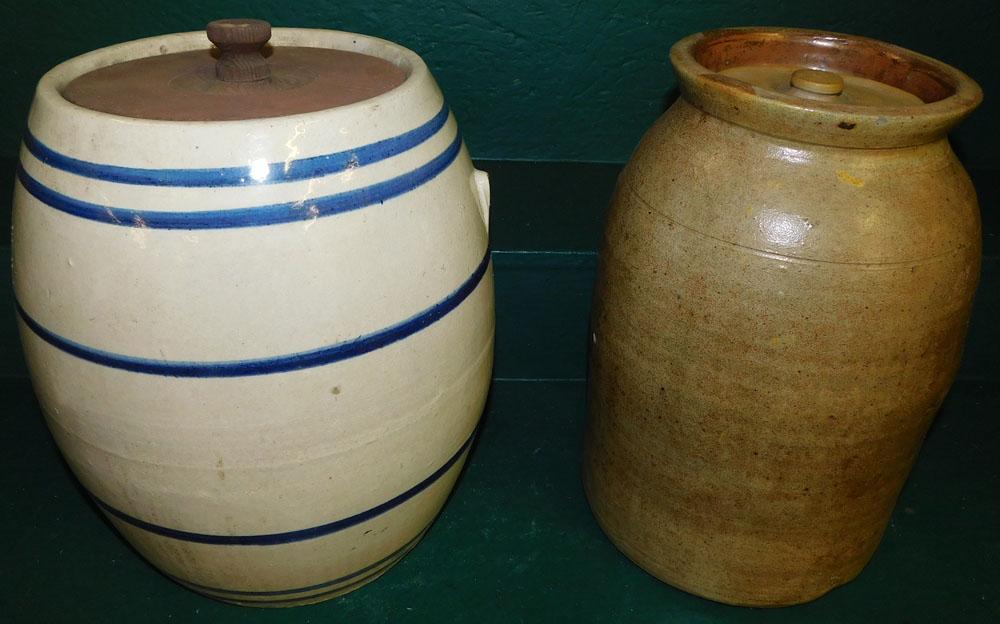 2 Stoneware Crocks: 2 Stoneware Crocks . Up to 15 1/2" H ALL DESCRIPTIONS AND ANY CONDITION STATEMENT GIVEN BY LANGSTON AUCTION GALLERY ARE STRICTLY AN OPINION AND LANGSTON'S SHALL HAVE NO RESPONSIBILITY FOR ERRORS OR OM