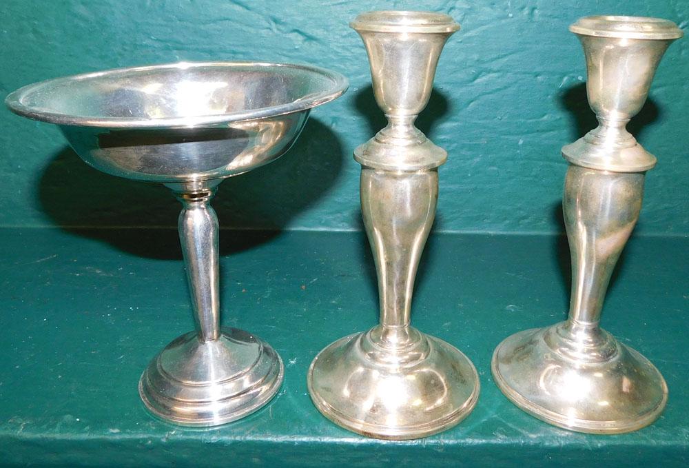 Pair of Sterling Weighted Candlesticks & Compote (1 of 2)