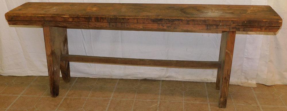 Pine NC Tobacco Bench: Pine NC Tobacco Bench. 60" L 11" D 22 3/4" H ALL DESCRIPTIONS AND ANY CONDITION STATEMENT GIVEN BY LANGSTON AUCTION GALLERY ARE STRICTLY AN OPINION AND LANGSTON'S SHALL HAVE NO RESPONSIBILITY FOR ERRO