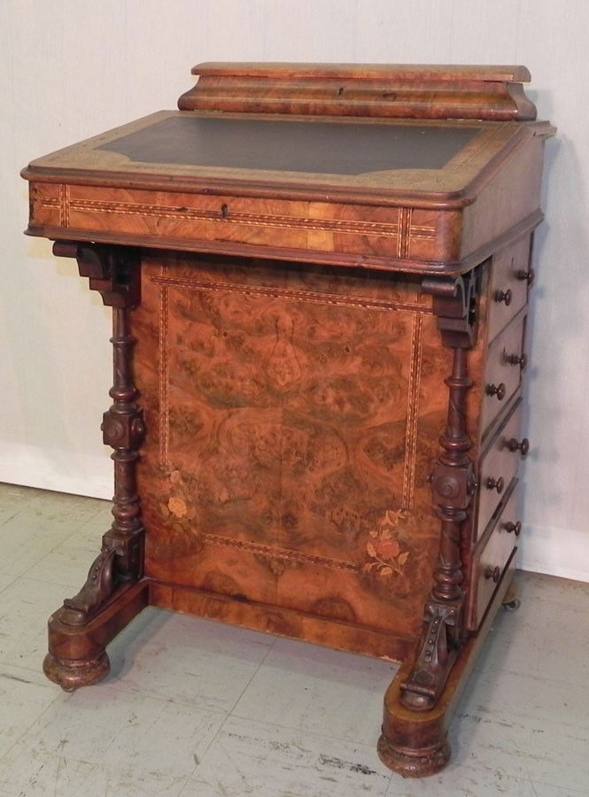 Burl walnut marquetry inlaid davenport.: Burl walnut marquetry inlaid davenport. 21 1/2" wide x 21 1/2" deep x 33" tall. From a Greenville estate.