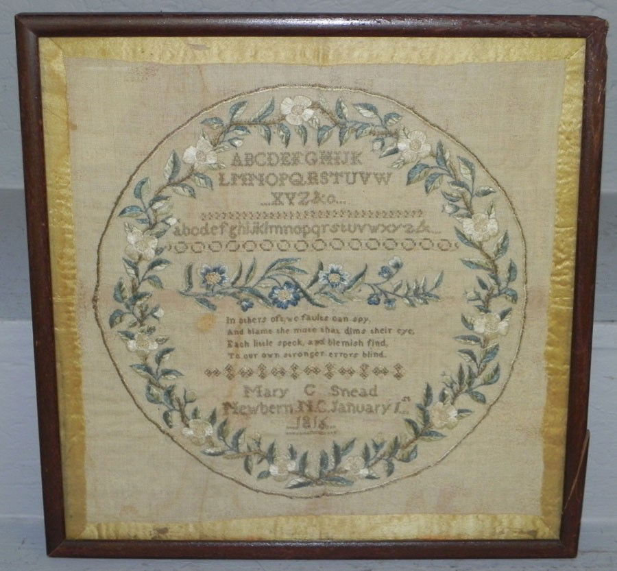 Needlework by Mary C. Snead, New Bern, NC.: Needlework by Mary C. Snead, New Bern, NC. Dated 1816. From the Hill estate. Wool on linen with silk border. 13 1/2" square.