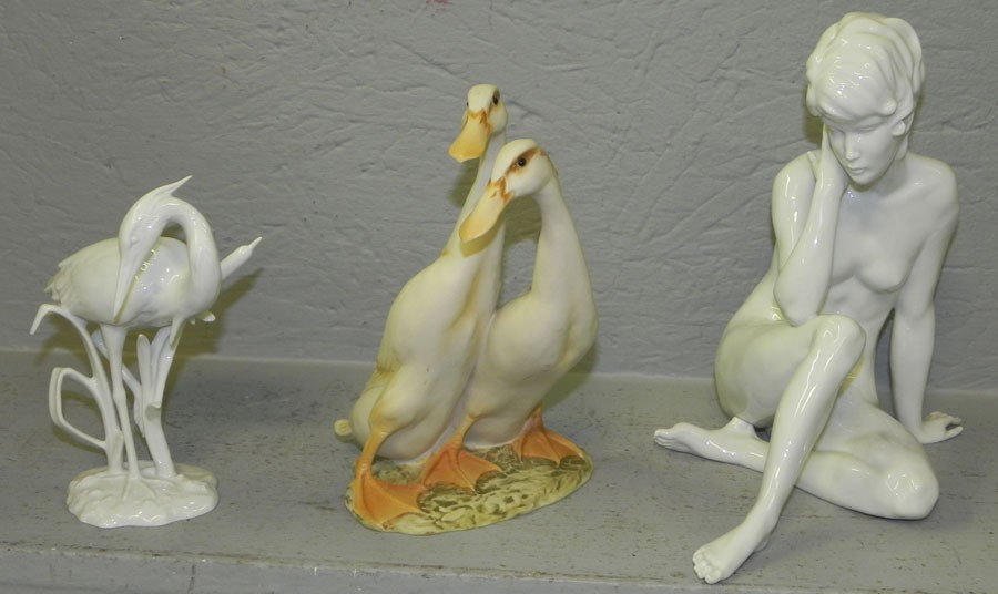 (3) Kaiser figurines of nude, crane and ducks: (3) Kaiser figurines of nude, crane and ducks.6 1/4", 8" and 9" tall.