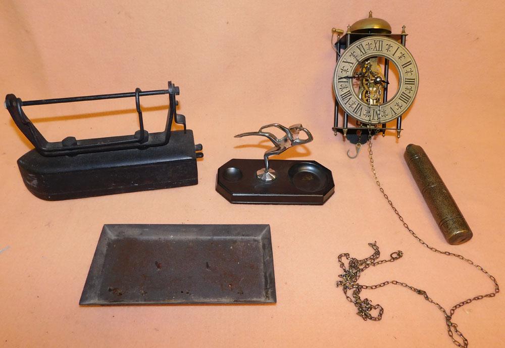 Wag on the Wall Style Clock & Flat Iron: Wag on the Wall Style Clock & Flat Iron. "ALL DESCRIPTIONS AND ANY CONDITION STATEMENT GIVEN BY LANGSTON AUCTION GALLERY ARE STRICTLY OPINIONS AND LANGSTON'S SHALL HAVE NO RESPONSIBILITY FOR ERRORS OR
