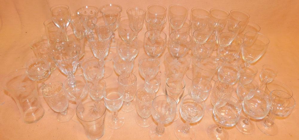 Lot of Clear & Etched Stemware: Lot of Clear & Etched Stemware. "ALL DESCRIPTIONS AND ANY CONDITION STATEMENT GIVEN BY LANGSTON AUCTION GALLERY ARE STRICTLY OPINIONS AND LANGSTON'S SHALL HAVE NO RESPONSIBILITY FOR ERRORS OR OMISSION