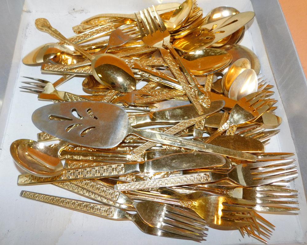 Lot of Gold Washed Flatware by Rogers: Lot of Gold Washed Flatware by Rogers. "ALL DESCRIPTIONS AND ANY CONDITION STATEMENT GIVEN BY LANGSTON AUCTION GALLERY ARE STRICTLY OPINIONS AND LANGSTON'S SHALL HAVE NO RESPONSIBILITY FOR ERRORS OR O
