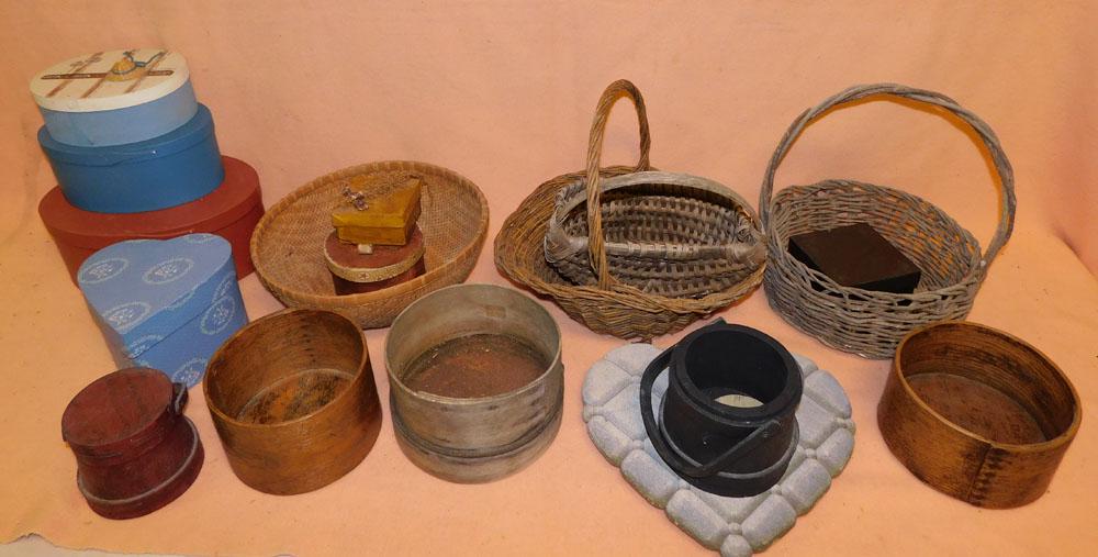 Lot of Painted Wood Boxes, Cheese Boxes, & Baskets (1 of 5)