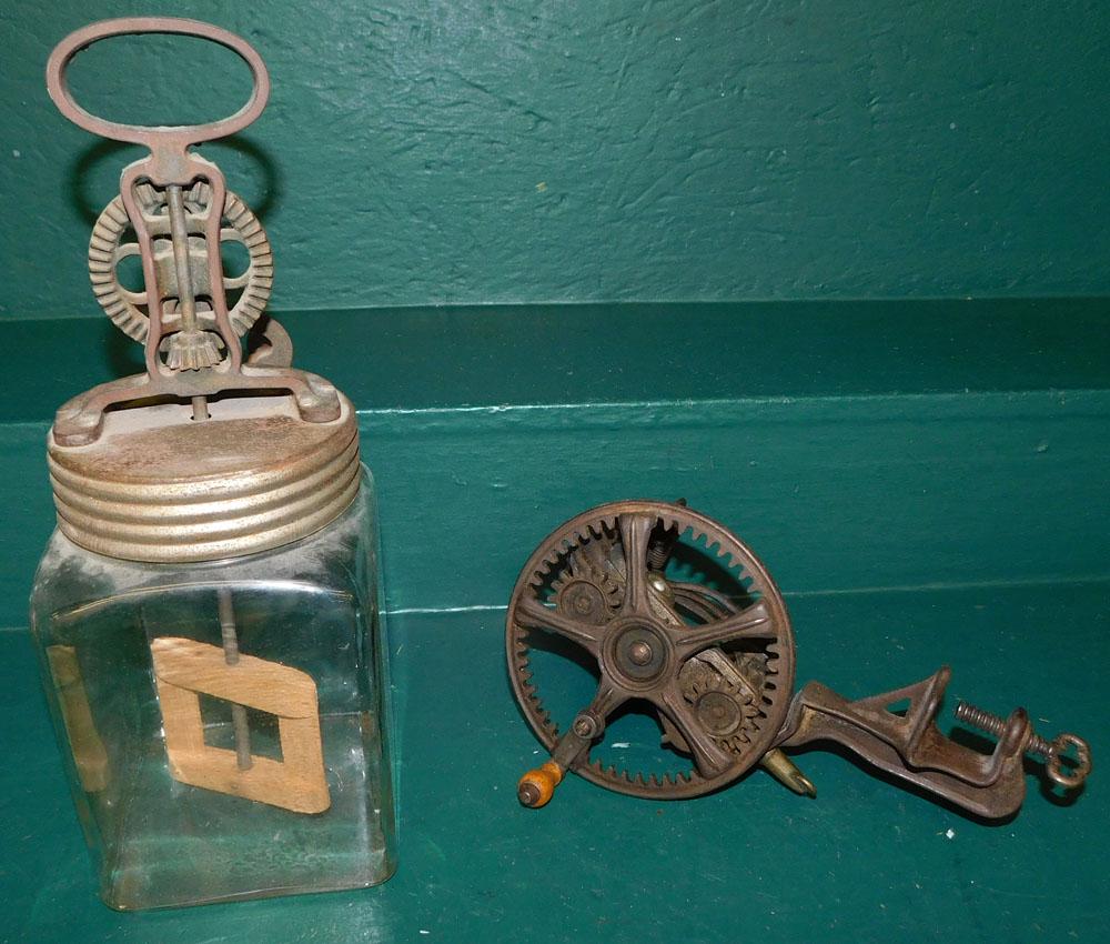 Antique Glass Butter Churn & Cast Iron Apple Peeler (1 of 3)
