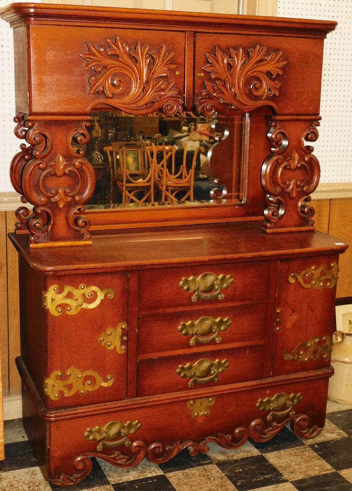 Antique Ornate Carved Oak Sideboard: Antique Ornate Carved Oak Sideboard. 54 1/2" W 24" D 73" H "ALL DESCRIPTIONS AND ANY CONDITION STATEMENT GIVEN BY LANGSTON AUCTION GALLERY ARE STRICTLY OPINIONS AND LANGSTON'S SHALL HAVE NO RESPONSIBI