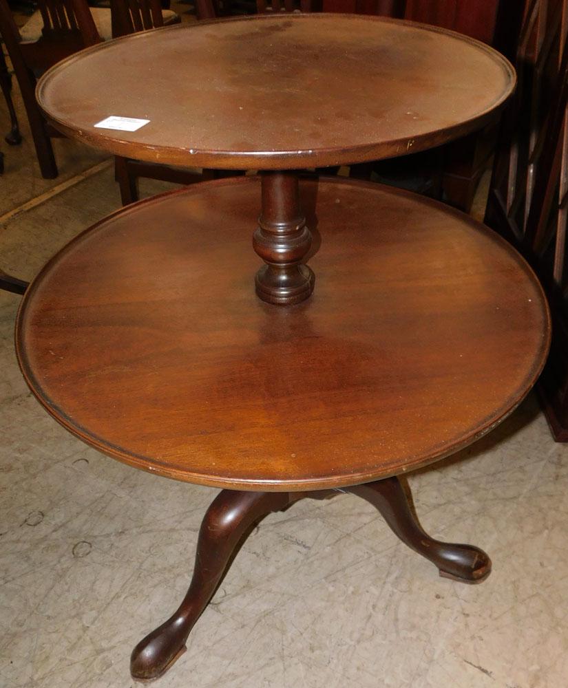 Mahogany Queen Anne Style 2 Tier Dumbwaiter: Mahogany Queen Anne Style 2 Tier Dumbwaiter . 24 3/4" Dia. 30" H "ALL DESCRIPTIONS AND ANY CONDITION STATEMENT GIVEN BY LANGSTON AUCTION GALLERY ARE STRICTLY OPINIONS AND LANGSTON'S SHALL HAVE NO RESP