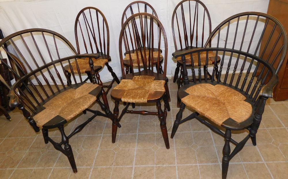 6 Walnut Windsor Style Dining Chairs with Rush Seats (1 of 4)
