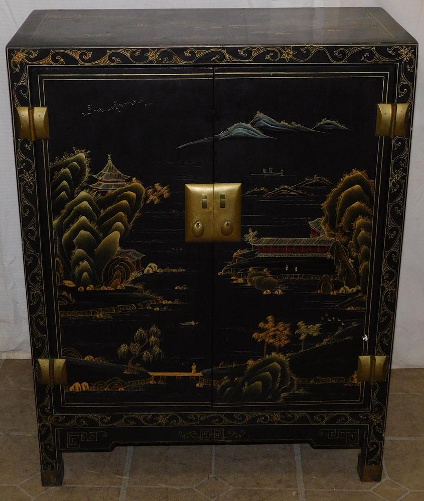 Black Lacquered & Paint Decorated Oriental Cabinet (1 of 5)