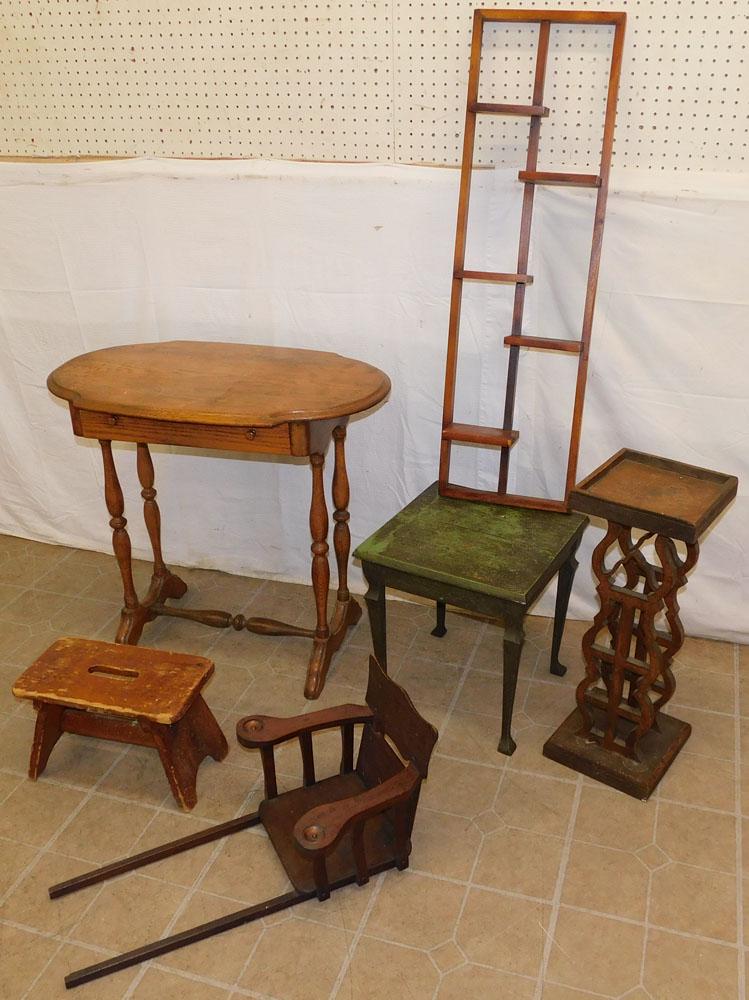 6 pcs (Antique Stands, Table, & Child's Booster Seat) (1 of 3)