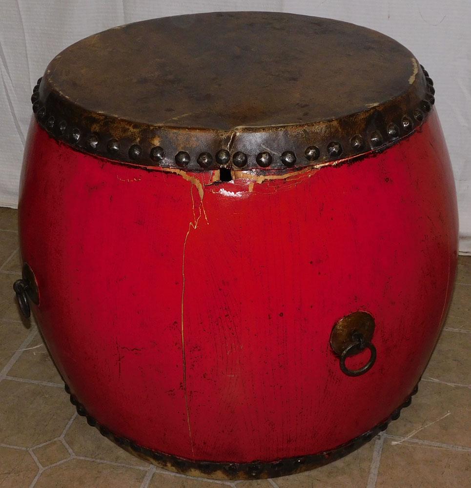 Painted Wood & Hyde Chinese Drum, (As Is): Painted Wood & Hyde Chinese Drum, (As Is). 24" Dia. 20 1/2" H "ALL DESCRIPTIONS AND ANY CONDITION STATEMENT GIVEN BY LANGSTON AUCTION GALLERY ARE STRICTLY OPINIONS AND LANGSTON'S SHALL HAVE NO RESPONS