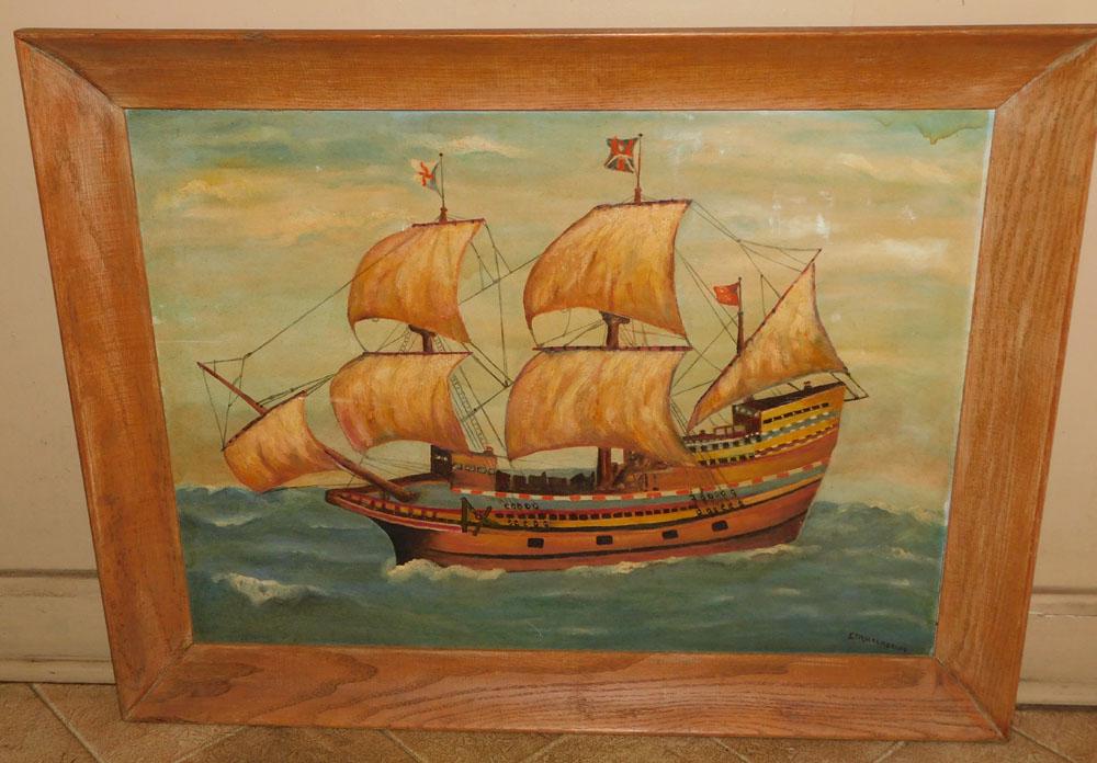 Oil on Board Ship Scene Signed (1 of 4)