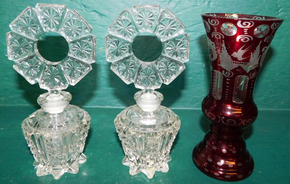 2 Vintage Glass Perfume Bottles & Ruby Cut to Clear Vase (1 of 2)