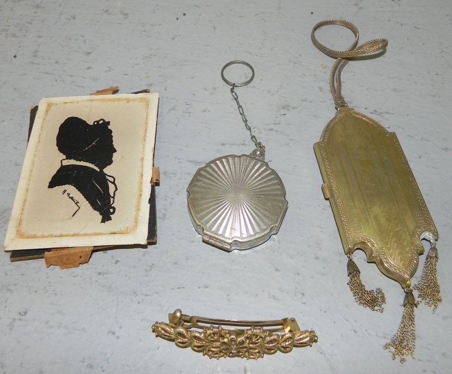 2 Ladies compacts, hair barrette, & silhouette : Ladies Evans compact, ladies hair barrette , small powder compact and unframed silhouette of a lady.