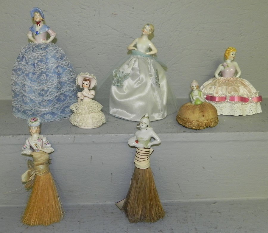 5 German half doll pin cushions & 2 brushes: (5) German half doll pin cushions and 2 German clothes brushes