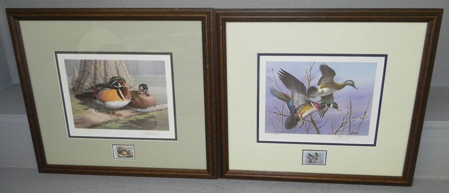 (2) signed and numbered duck prints w/ stamps.: (2) signed and numbered duck prints with conservation stamps. By Killen and David Smith. 1984 and 1985. 17 1/2" x 16" and 15 1/2 by 17 1/2".