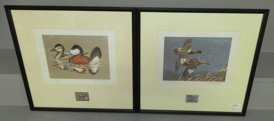 (2) signed and numbered duck prints w/ stamps.: (2) signed and numbered duck prints with conservation stamps. 1982 and 1981. John S. Wilson and Richard W. Plasschaert.