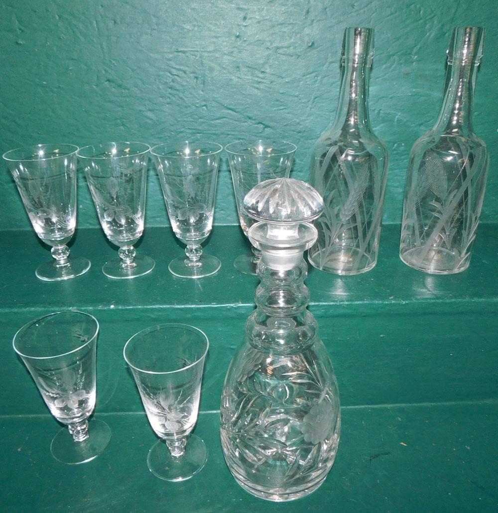 Etched & Cut Glass Decanters & Wine Glasses: Etched & Cut Glass Decanters & Wine Glasses. 12 1/4" H - Tallest ALL DESCRIPTIONS AND ANY CONDITION STATEMENT GIVEN BY LANGSTON AUCTION GALLERY ARE STRICTLY OPINIONS AND LANGSTON'S SHALL HAVE NO RESPO