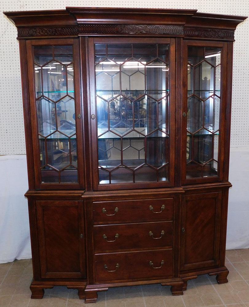 Cherry 2 Part Lighted China Cabinet W/ Silver Drawer By Bassett (1 of 8)
