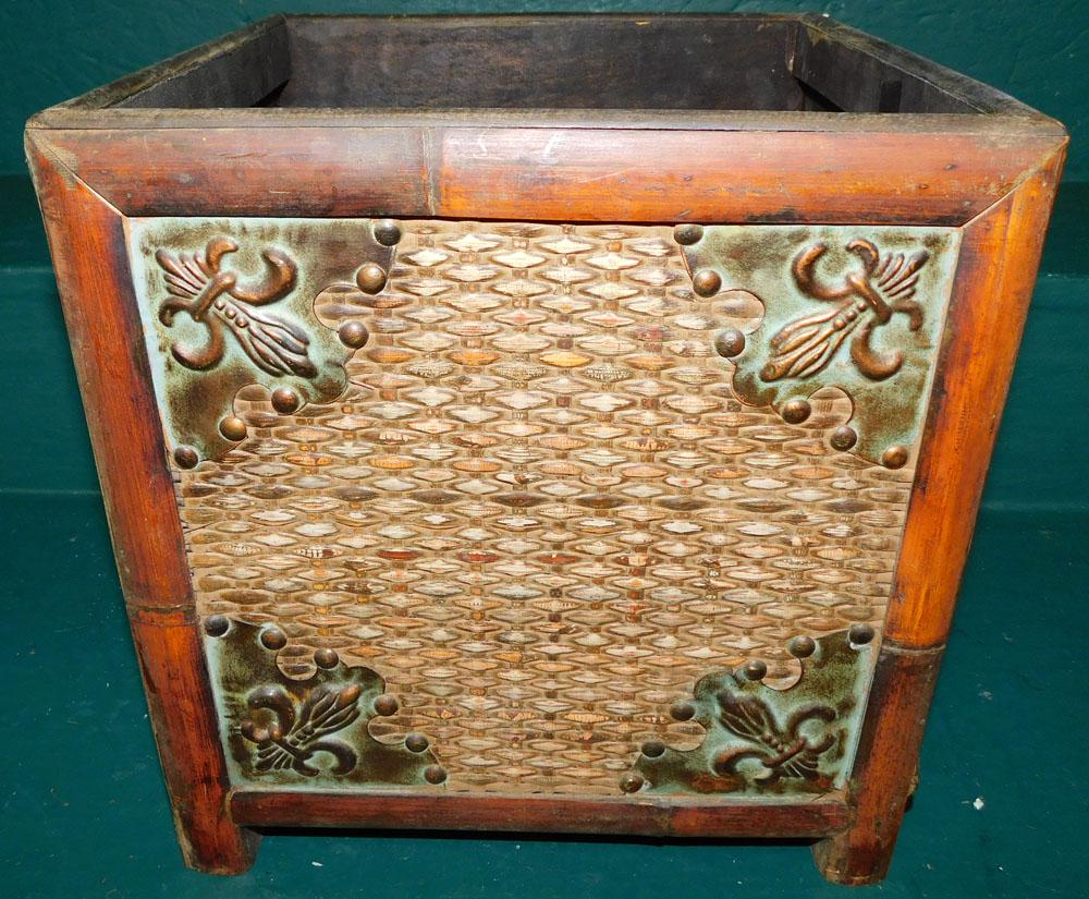 Bamboo Planter: Bamboo Planter. 11" W 11" D 11 1/2" H ALL DESCRIPTIONS AND ANY CONDITION STATEMENT GIVEN BY LANGSTON AUCTION GALLERY ARE STRICTLY OPINIONS AND LANGSTON'S SHALL HAVE NO RESPONSIBILITY FOR ERRORS OR OMI